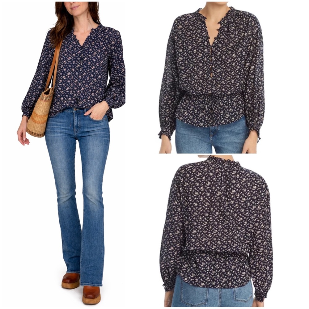 Joie Senaya Floral-Print Half-Placket Peasant Blouse